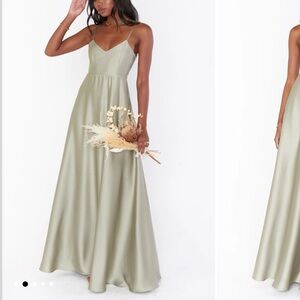 Show Me Your Mumu size S “Faith Maxi” Dress in Moss Green Luxe Satin